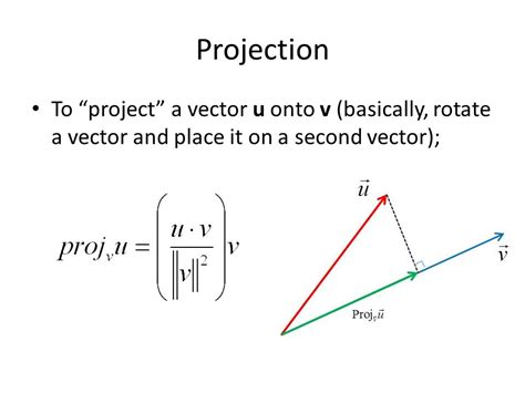 Vector projection - By choosing the correct c c we can create any vector on the infinite length dotted line in the diagram. cv c v → defines this infinite line. We’re going to find the projection of w w → onto v v →, written as: The projection of w w → onto v v → is a vector on the line cv c v →. Specifically it is cv c v → such that the line ... 